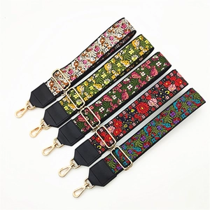 Adjustable floral embroidered ethnic style shoulder straps for crossbody bags with gold buckles