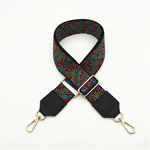 No. 6 ethnic style embroidered floral bag strap with black leather and gold hooks
