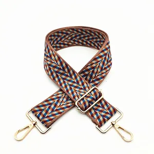 Close-up of adjustable woven shoulder strap with blue wave patterns and gold hooks