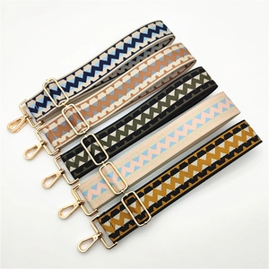 Adjustable wide replacement bag straps with geometric patterns and gold metal hooks