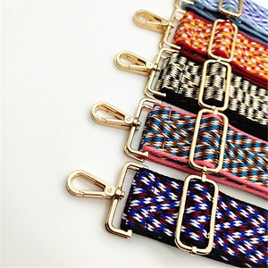 Detail of adjustable wide woven bag strap featuring colorful geometric patterns and gold metal hooks