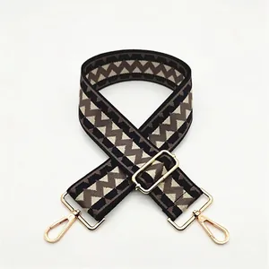 Detail of adjustable wide shoulder strap with brown geometric chevron pattern and gold hooks