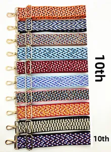 Detail view of 10 adjustable bohemian shoulder straps with gold metal hooks and colorful patterns