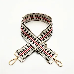 Adjustable woven replacement shoulder strap with ethnic pattern and gold metal hooks