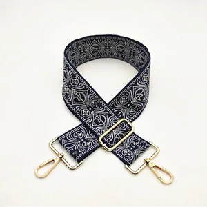 Detail of bohemian geometric pattern on blue adjustable wide crossbody bag strap
