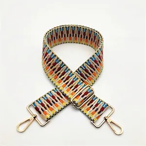 Adjustable colorful geometric woven shoulder strap with gold metal lobster clasps