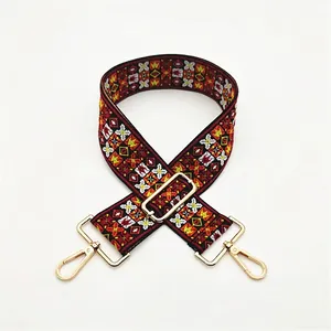 Ethnic style adjustable wide woven shoulder strap with gold metal hooks for women's bags