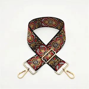 Ethnic style adjustable shoulder strap with floral embroidery and golden metal hooks Style A5