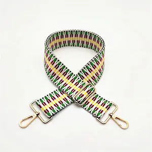 Detail of No. 20 adjustable woven bag strap with colorful geometric jacquard pattern