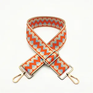 Detail of adjustable geometric patterned woven strap with gold metal spring hooks