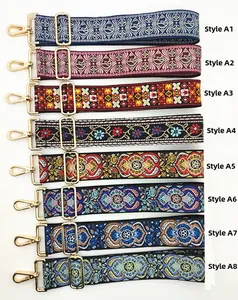 Close-up of adjustable ethnic bag straps in eight colorful geometric weaving patterns