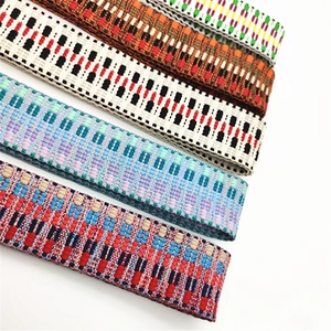 Close-up of durable woven shoulder straps featuring colorful ethnic geometric patterns