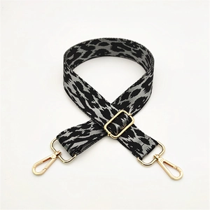 Adjustable leopard print bag strap with high-density webbing and gold metal hardware hooks