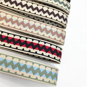 Detailed view of bohemian style woven bag straps with colorful geometric patterns