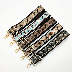 Ethnic jacquard wide bag straps with geometric diamond patterns and gold metal hooks