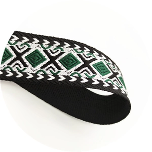 Detail of diamond pattern woven bag strap in black, green and white polyester fabric