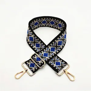 Close-up of adjustable ethnic geometric woven bag strap with gold metal swivel hooks