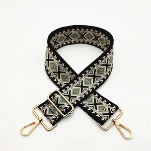 Adjustable diamond pattern ethnic style bag strap with gold metal lobster clasps