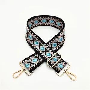 Detail of No. 8 geometric diamond pattern woven bag strap with gold metal buckles