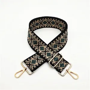 Detail view of woven geometric diamond strap with golden lobster clasps for handbags