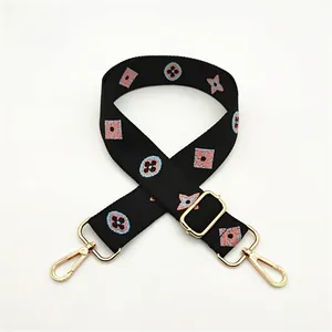 Detail view of adjustable black embroidered strap with vintage blue floral patterns