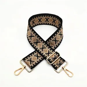 Close-up of geometric embroidered bag strap with golden metal lobster clasps