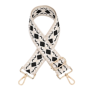 Adjustable bohemian style shoulder strap with black and white diamond jacquard pattern