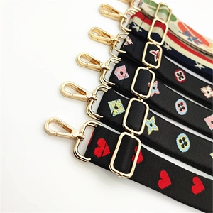 Detail of colorful woven replacement straps with gold hardware and various patterns