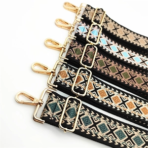 Detail of colorful geometric woven bag straps with gold metal hooks and adjustable buckles