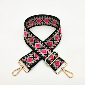 Ethnic geometric diamond pattern woven bag strap with golden metal swivel hooks