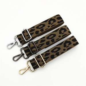 Adjustable leopard print bag strap replacements with silver, gold, and gunmetal hooks