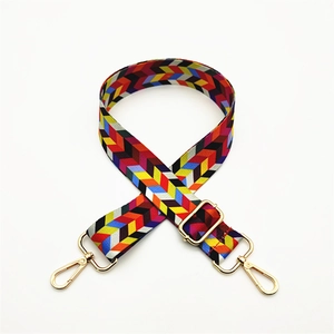 Adjustable woven shoulder strap with colorful chevron pattern and gold metal hooks