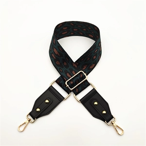 Adjustable leopard print wide shoulder strap with green pattern and gold metal hooks