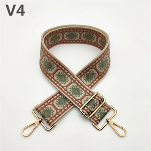 Detail of bohemian geometric woven strap with gold metal hooks and adjustable buckle