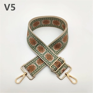 Detail of adjustable ethnic geometric woven bag strap with golden metal lobster clasps