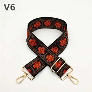 Adjustable ethnic style bag strap with orange diamond embroidery and gold metal hooks