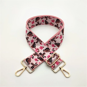 Ethnic style wide embroidered shoulder strap with pink floral pattern and gold hooks