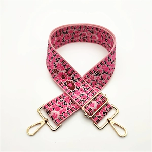 Pink bohemian floral embroidered wide bag strap with adjustable gold metal hooks