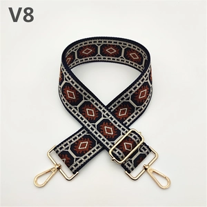 Detail of colorful ethnic pattern woven bag strap with golden metal lobster clasps