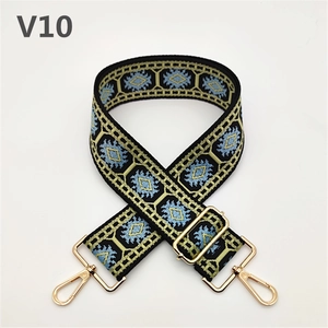 Close-up of ethnic geometric pattern embroidery on adjustable wide woven bag strap