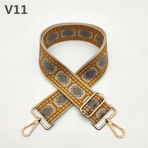 Close-up of thickened ethnic style bag strap with colorful geometric weave and gold metal hooks
