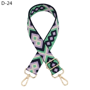 Detail of geometric pattern woven bag strap with golden swivel lobster clasps