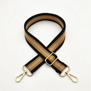 Adjustable woven replacement bag strap with black, yellow and white stripes and gold clips