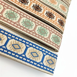 Close-up of geometric jacquard patterns on ethnic style thick woven bag straps