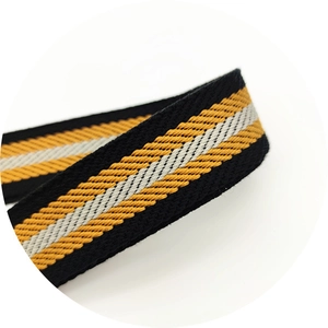 Close-up of black yellow and grey diagonal woven strap with high-density polyester fiber