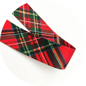 Detail of red and green tartan canvas strap with textured diagonal weaving pattern