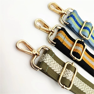 Detail view of woven canvas bag straps with diverse geometric patterns and gold lobster clasps