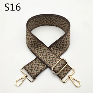 Detail of adjustable woven shoulder strap with retro wave pattern and gold metal hooks