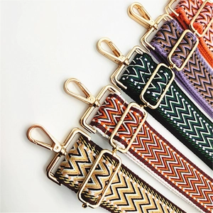 Detail of colorful woven shoulder straps with geometric patterns and gold metal buckles