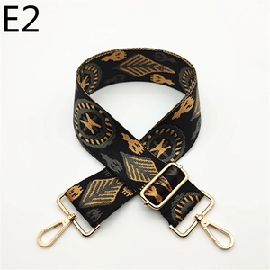 Ethnic style black adjustable shoulder strap with gold geometric embroidery and lobster clasps